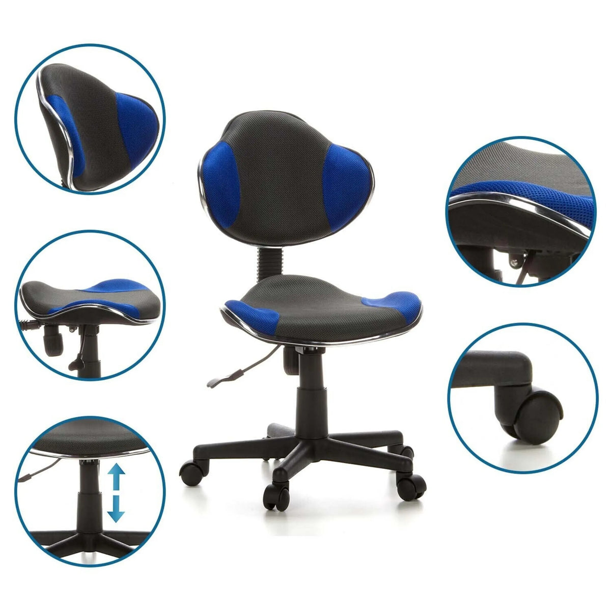 Silla giratoria para niños KIDDY GTI-2 en gris y azul con vistas detalladas del ajuste de altura y las ruedas de hjh OFFICE