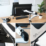 Soporte de monitor VM-MG1 en blanco y negro con brazo articulado, gestión de cables y logotipo de la empresa de hjh OFFICE