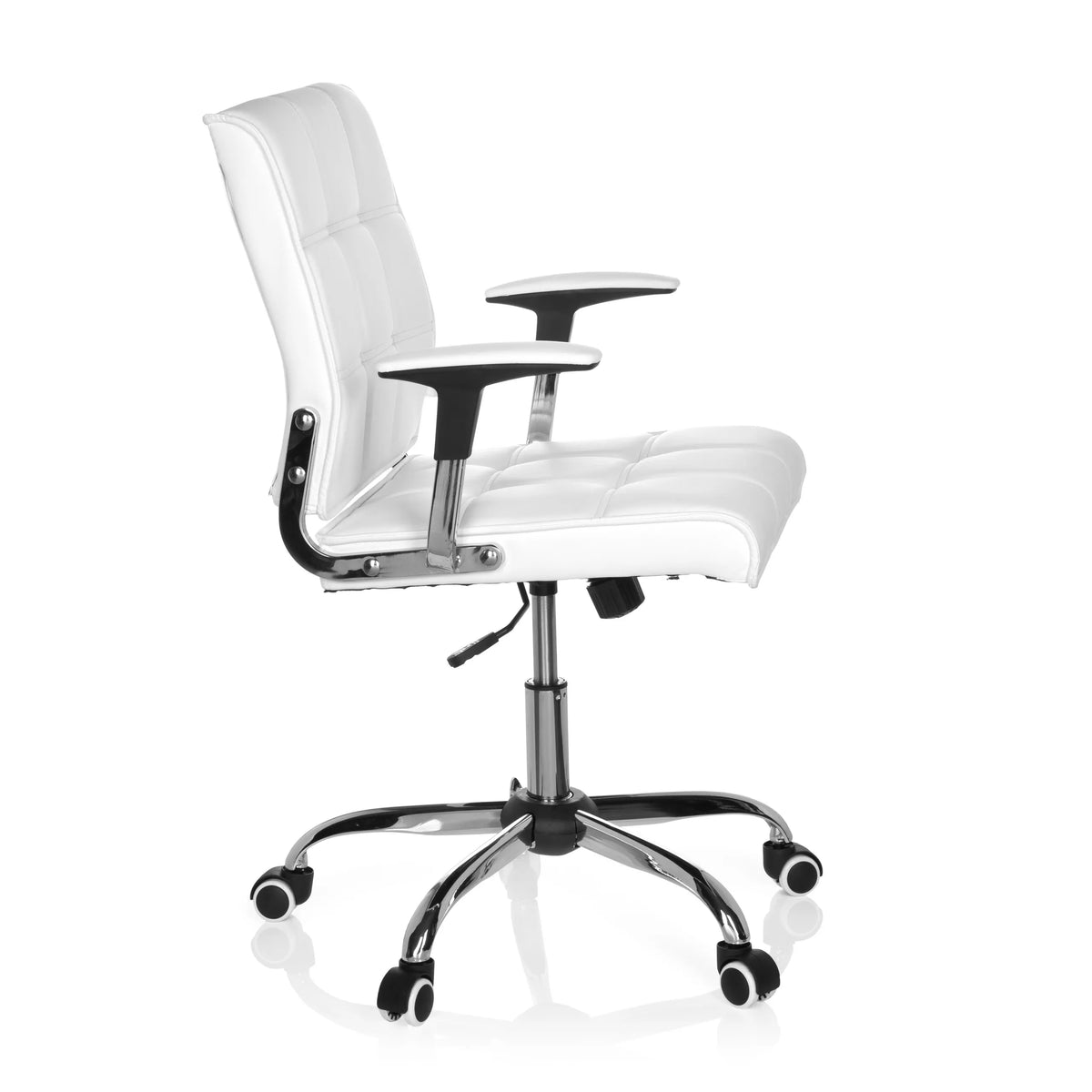 Silla Home Office ERNESTO blanca con tapicería acolchada y base de cinco ruedas de hjh OFFICE – vista de 360° (vista lateral 80°)