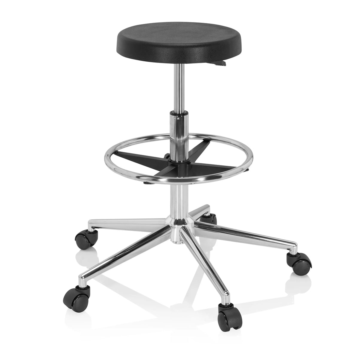 Taburete giratorio negro TOP WORK 14 I con reposapiés y base de cinco ruedas de hjh OFFICE – vista de 360° (vista frontal 20°)