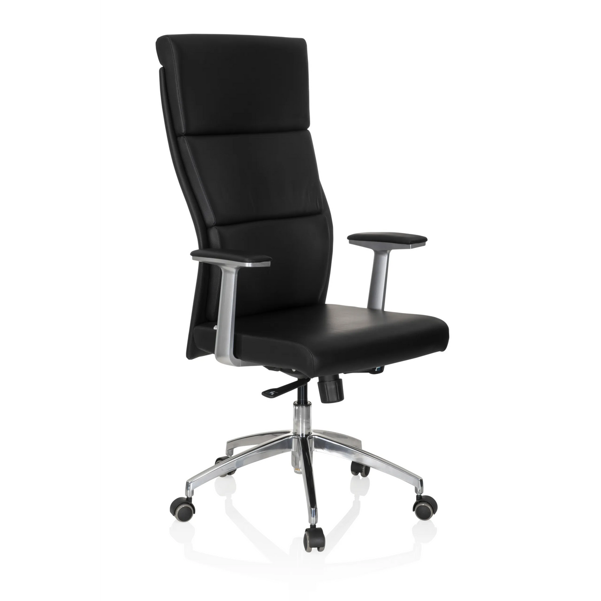 Sillón de alta gama MONZA 20 negro con reposabrazos y base de cinco ruedas de hjh OFFICE – vista de 360° (vista frontal en diagonal 40°)