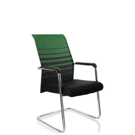 Silla de viga voladiza FALCONE V con respaldo de malla a rayas verdes y negras y asiento negro de hjh OFFICE