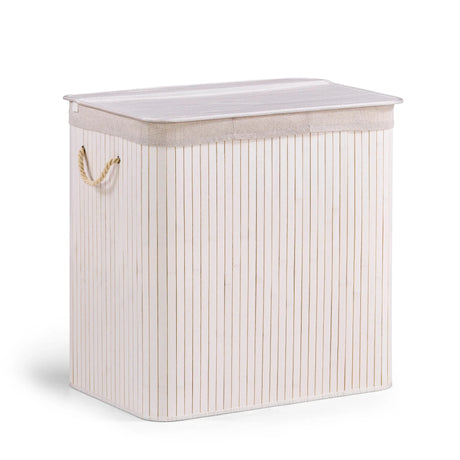 Cesta de ropa blanca FALSTER XXL B con diseño de rayas verticales, tapa y asas de cuerda de hjh LIVING