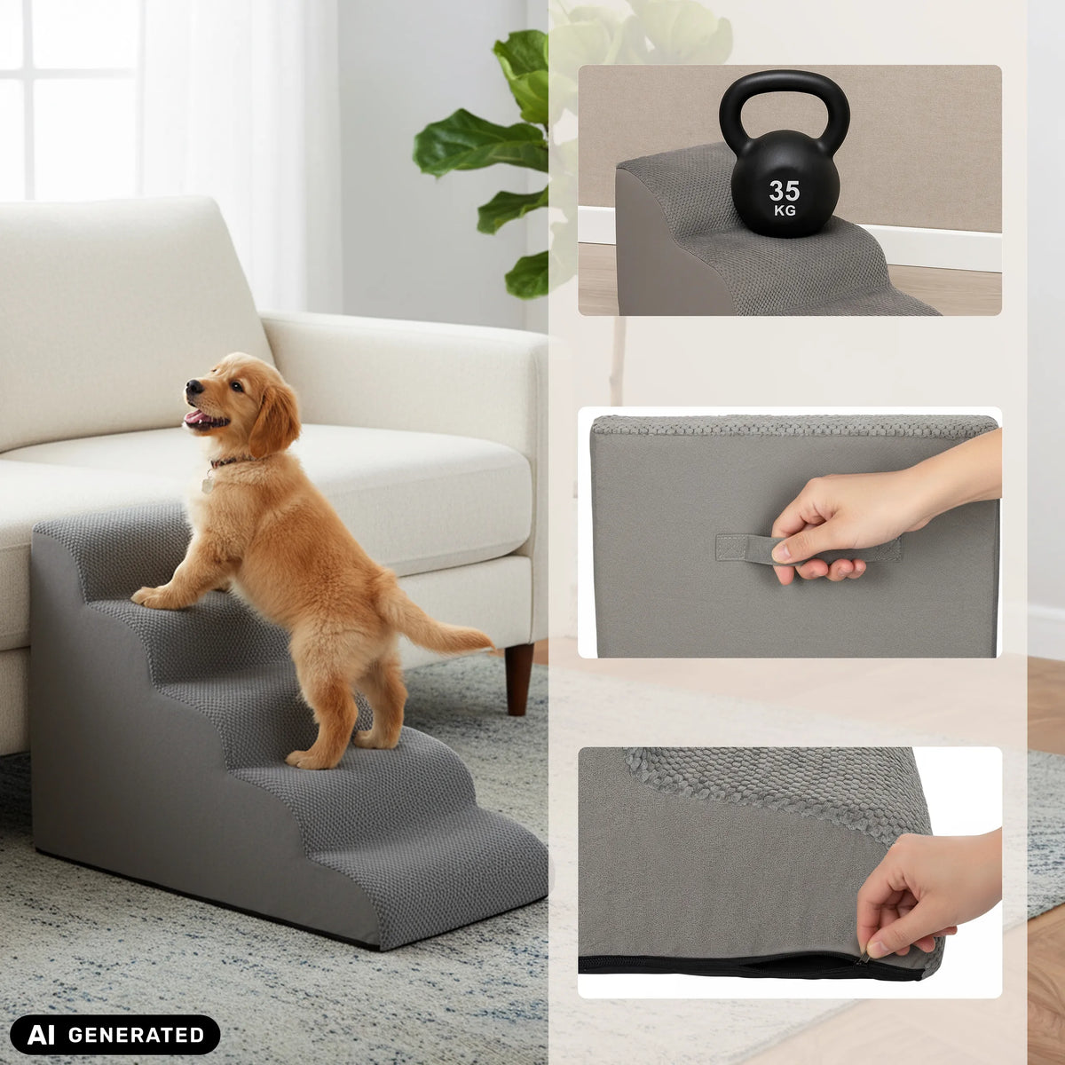 Escalera para mascotas PAWY STEP 5 gris con asa de transporte, cremallera y prueba de carga de hjh LIVING (imagen generada por IA)