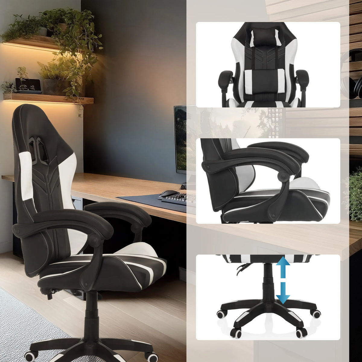 Silla gaming GAMEBREAKER W02 en blanco y negro con reposabrazos ajustables y pistón de gas de MyBuero