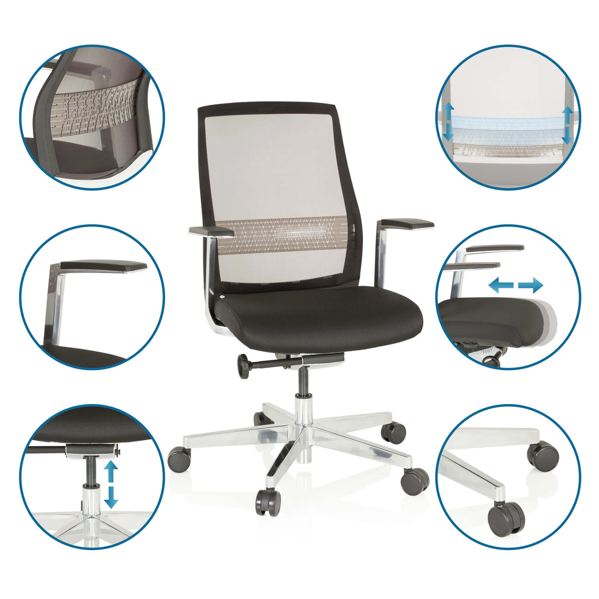 Silla alta gama FOUNTAINE PRO en negro con vistas detalladas de las opciones de ajuste y los materiales de hjh OFFICE