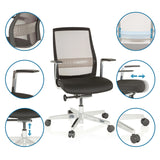 Silla alta gama FOUNTAINE PRO en negro con vistas detalladas de las opciones de ajuste y los materiales de hjh OFFICE