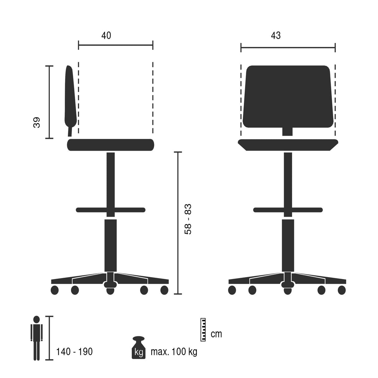 Dibujo técnico de la silla de mostrador TOP WORK B con una altura del asiento de 58-83 cm de hjh OFFICE