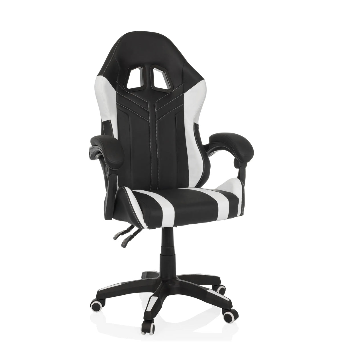 Silla gaming GAMEBREAKER W02 en blanco y negro con base de cinco ruedas de MyBuero – vista de 360° (vista frontal en diagonal 30°)