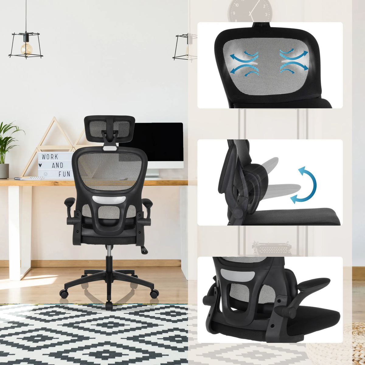 Silla Home Office ERGOMY FLEX en negro con respaldo de malla transpirable y asiento ajustable de MyBuero