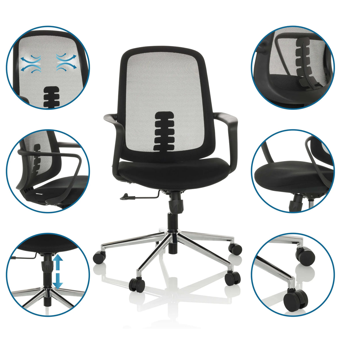 Silla Home Office SEDIOLO B en negro con diversas vistas detalladas de las funciones de hjh OFFICE