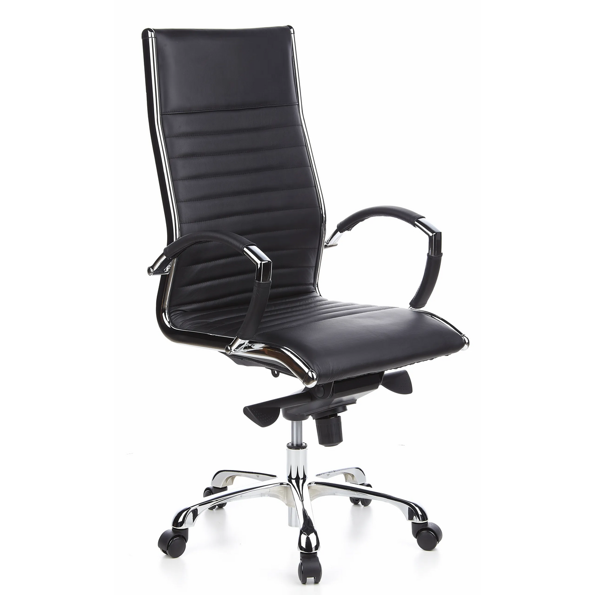Sillón de oficina profesional PARMA 20 negro con tapicería de cuero acolchado y base de cinco ruedas de hjh OFFICE – vista de 360° (vista frontal en diagonal 40°)