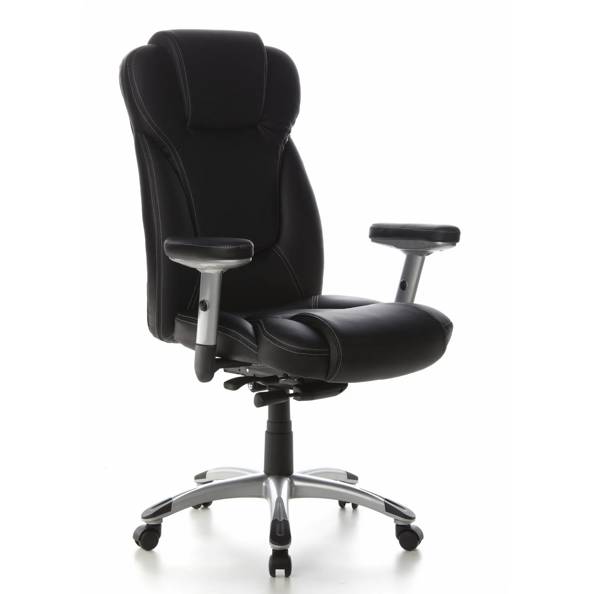 Sillón de oficina profesional EMBASSY 200 L negro con reposabrazos y base plateada de cinco ruedas de hjh OFFICE – vista de 360° (vista frontal en diagonal 40°)