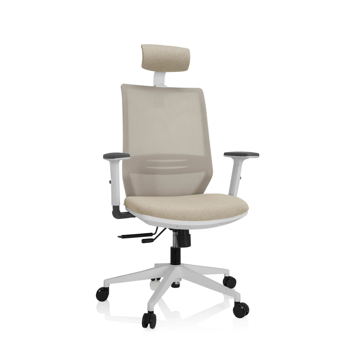 Silla de oficina profesional PROFONDO PRO W beige con respaldo de malla, reposacabezas y base blanca de hjh OFFICE – vista de 360° (vista frontal 20°)