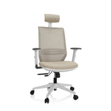Silla de oficina profesional PROFONDO PRO W beige con respaldo de malla, reposacabezas y base blanca de hjh OFFICE – vista de 360° (vista frontal 20°)