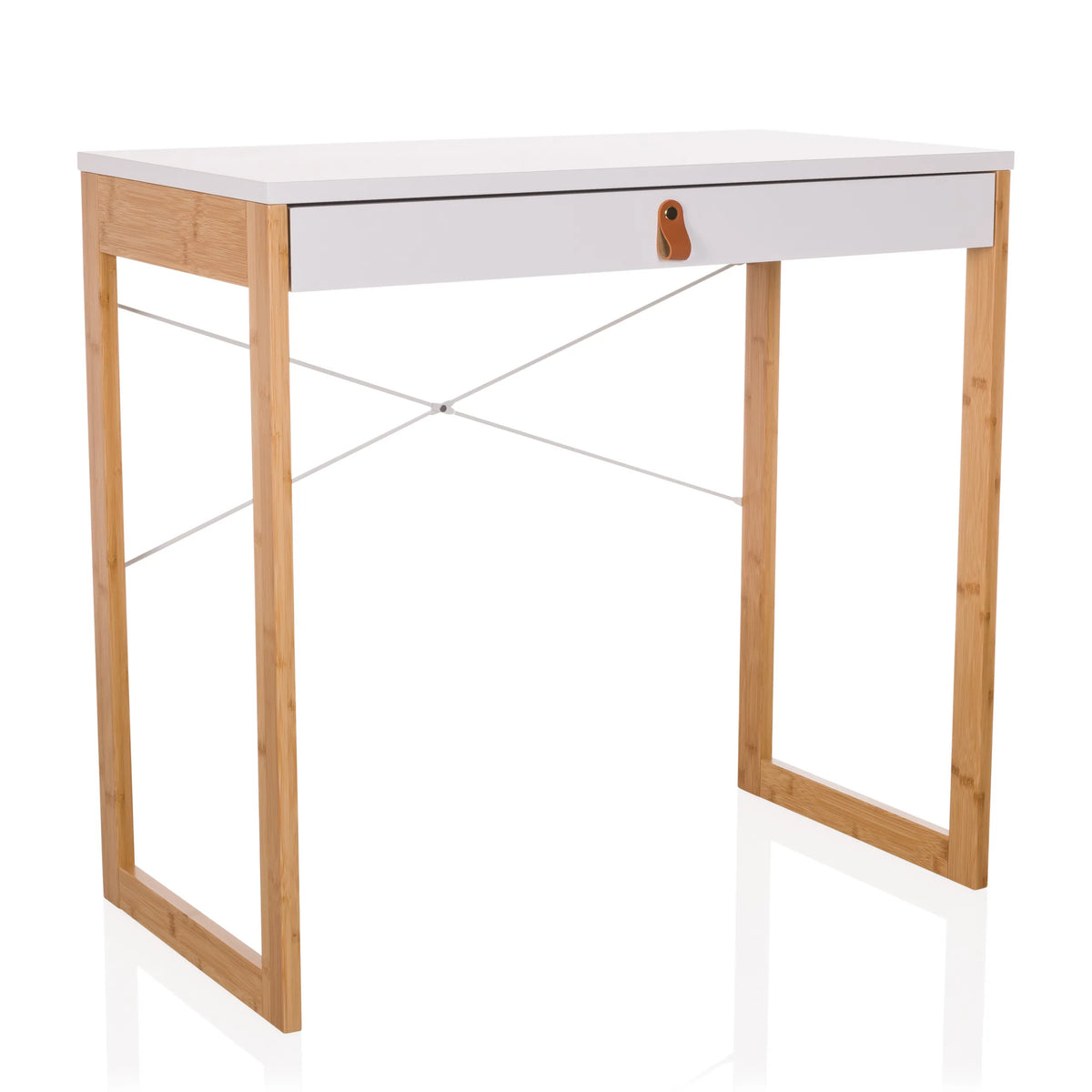Escritorio blanco TAROLO II con un cajón, tirador de cuero marrón y patas de madera de hjh LIVING – vista de 360° (vista frontal en diagonal 30°)