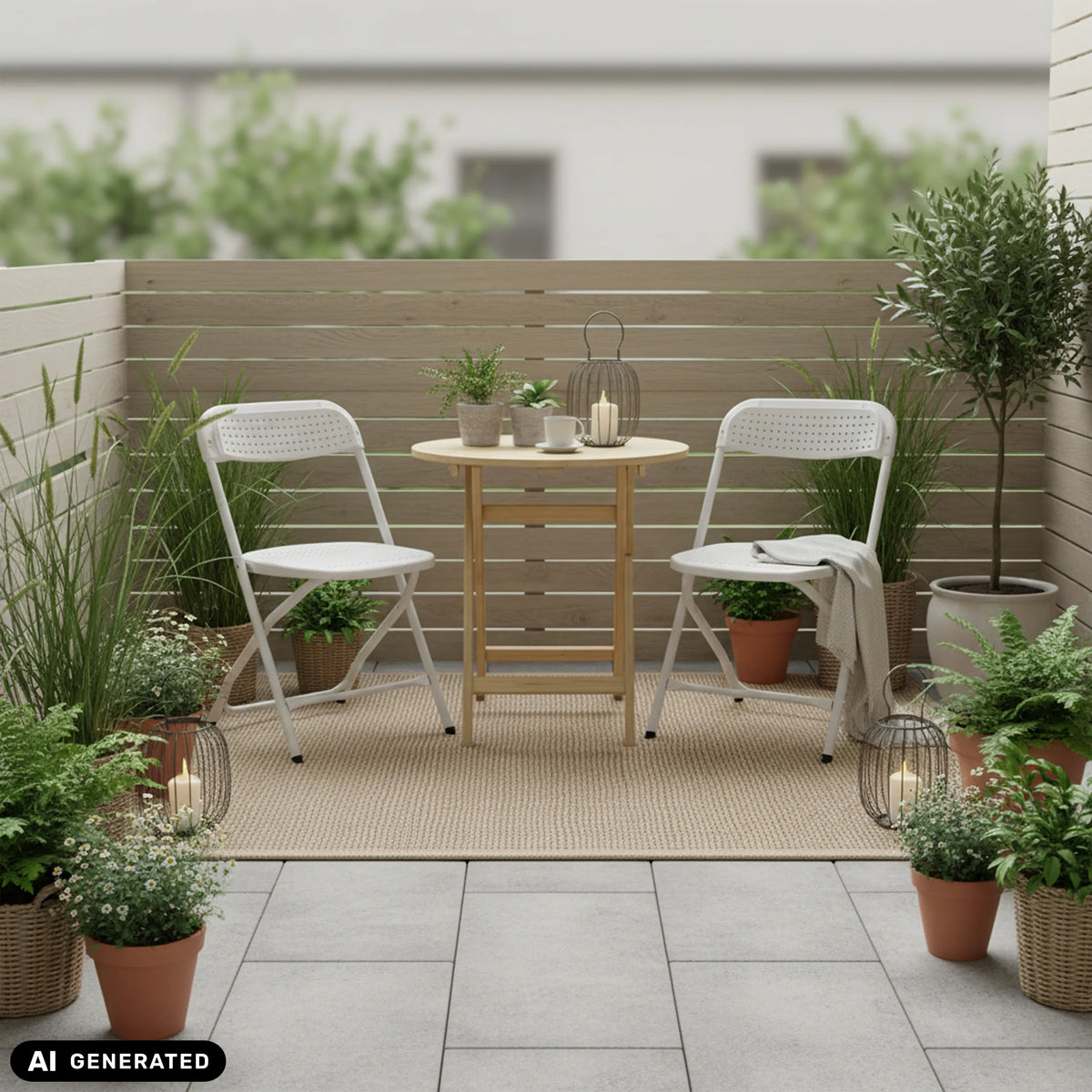 Dos sillas de exterior blancas TUDELA XXL PRO W en una mesa redonda de madera en una terraza de hjh OFFICE (imagen generada por IA)