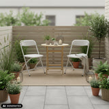 Dos sillas de exterior blancas TUDELA XXL PRO W en una mesa redonda de madera en una terraza de hjh OFFICE (imagen generada por IA)