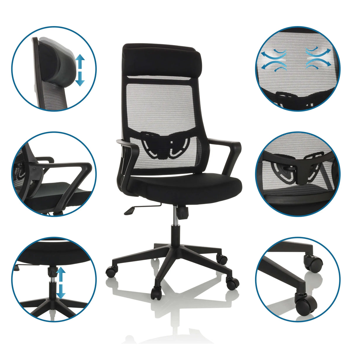 Silla Home Office NEKEO en negro con detalles ajustables y ruedas de hjh OFFICE