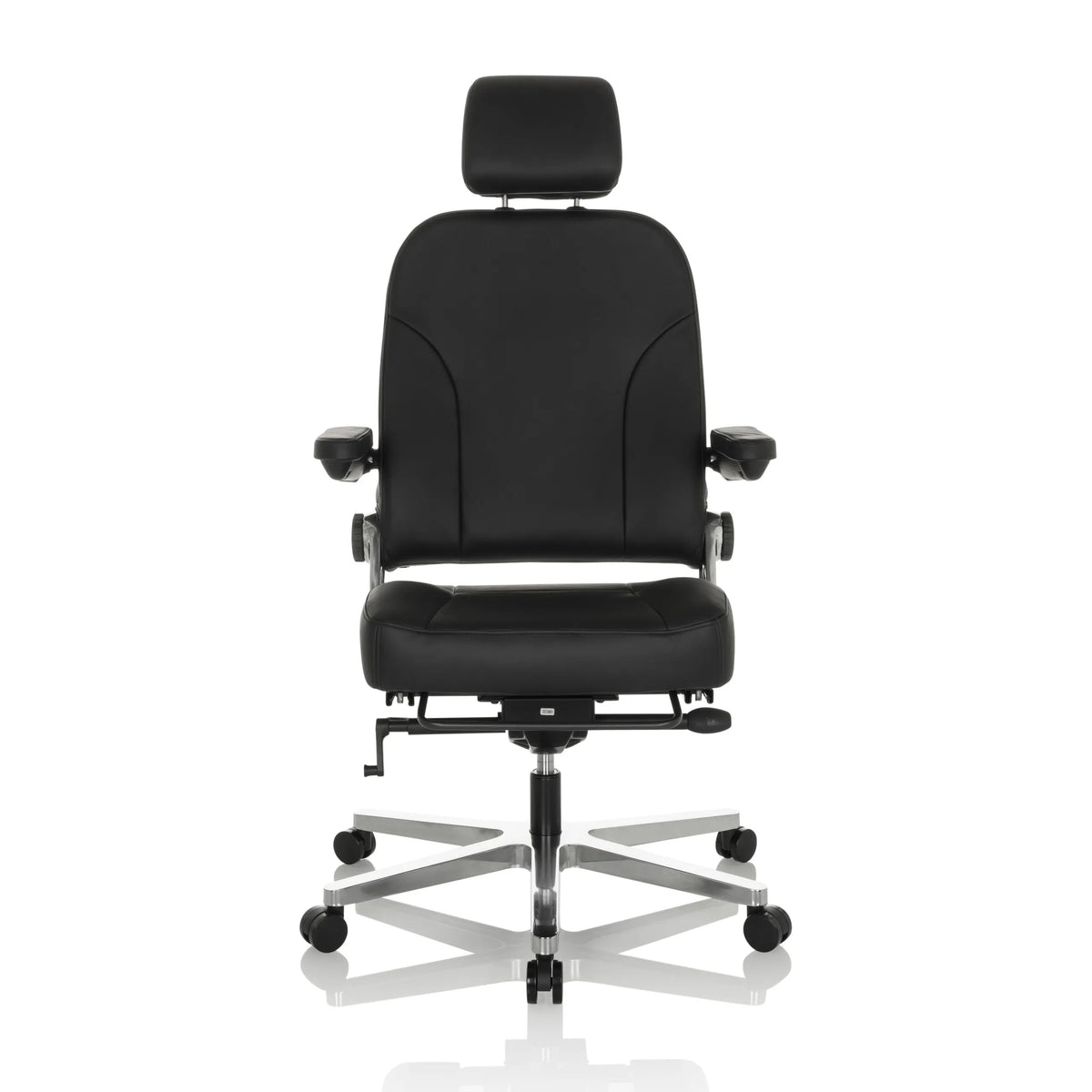 Schwarzer XXL Drehstuhl 24 HOURS F aus Leder mit Kopfstütze und Fußkreuz mit fünf Rollen von hjh OFFICE – 360-Grad-Ansicht (Frontansicht 0°)