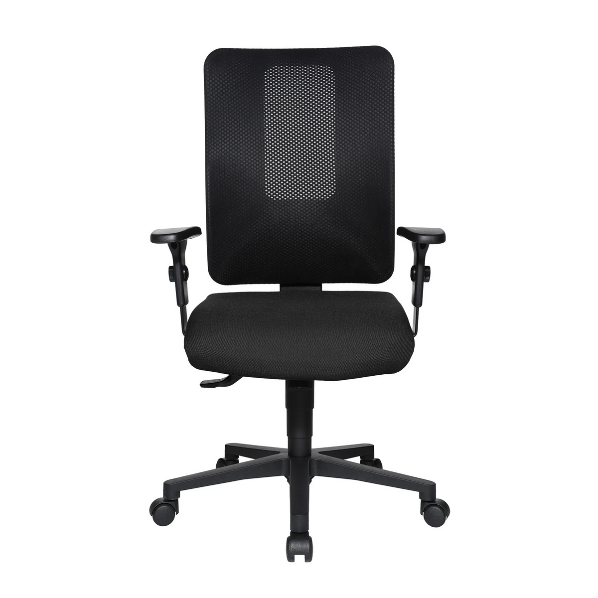 Silla de oficina profesional HJH WORK PRO negra con respaldo de malla y base de cinco ruedas de Topstar – vista de 360° (vista frontal 0°)
