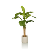 Planta artificial verde BANANE I con hojas grandes en una maceta beige de hjh OFFICE – vista de 360° (vista frontal 0°)