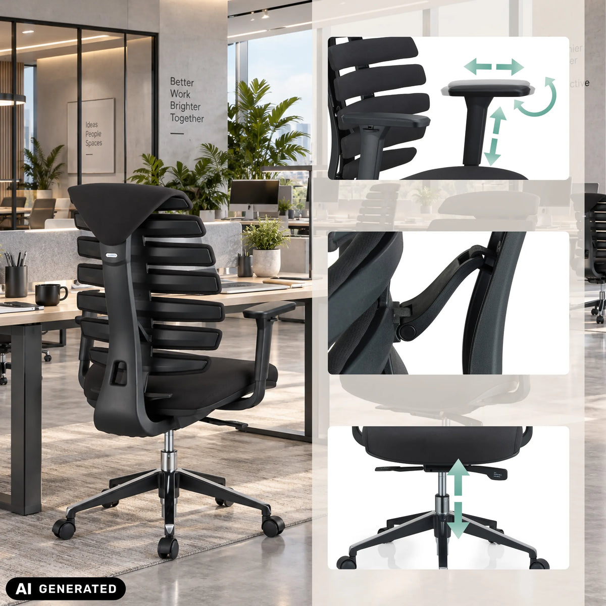 Reposabrazos ajustables y pistón de gas de la silla de oficina profesional ERGO LINE II en negro de hjh OFFICE
