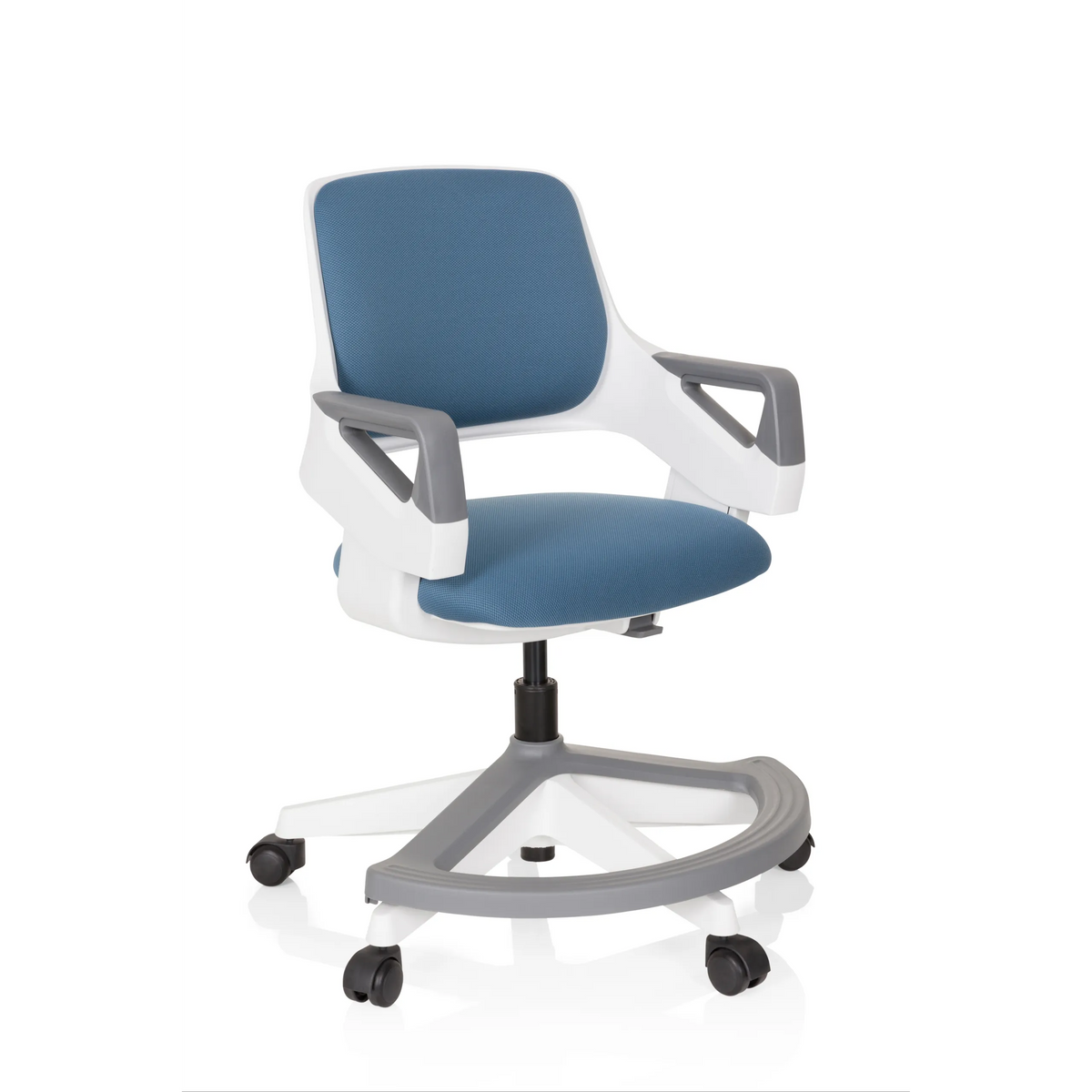 Silla giratoria para niños KID FLEX en color azul grisáceo con reposabrazos y base de cinco ruedas de hjh OFFICE – vista de 360° (vista frontal en diagonal 40°)