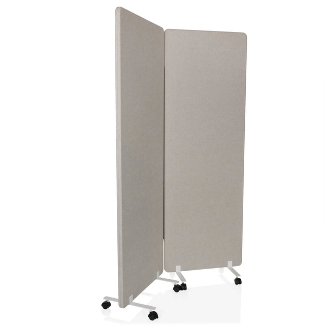 Dos separadores grises FLEXMIUT 1 sobre soportes blancos con ruedas de hjh OFFICE