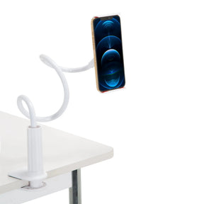 Soporte para teléfono móvil y tableta FLEXMOBI I blanco con cuello de cisne flexible y pinza de mesa de hjh OFFICE