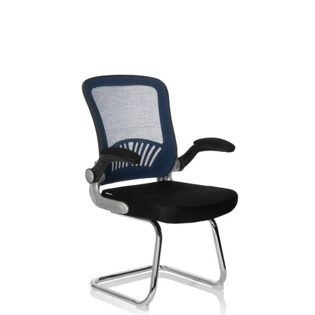Silla de viga voladiza FLYER PRO V con respaldo de malla azul, asiento y reposabrazos negros de hjh OFFICE