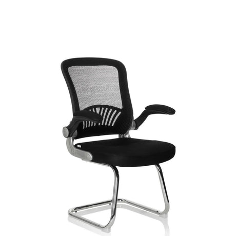 Silla de viga voladiza FLYER PRO V negra con respaldo de malla, reposabrazos y estructura cromada de hjh OFFICE