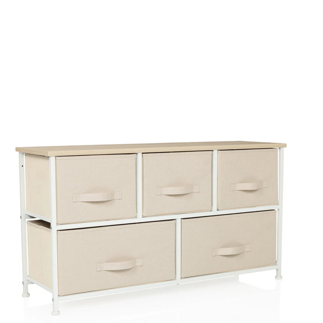 Cómoda beige FOLDAR con cinco cajones de tela y tablero de madera clara de hjh LIVING