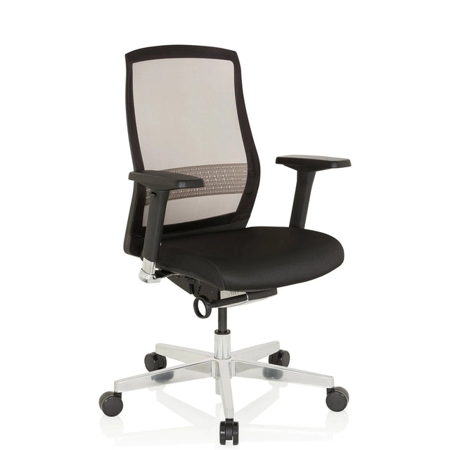Silla alta gama FOUNTAINE en negro con respaldo de malla y base pulida de hjh OFFICE