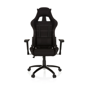 Silla gaming GAME FORCE negra con tapizado de tela, costuras decorativas blancas y reposabrazos de hjh OFFICE