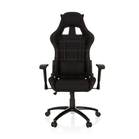 Silla gaming GAME FORCE negra con tapizado de tela, costuras decorativas blancas y reposabrazos de hjh OFFICE
