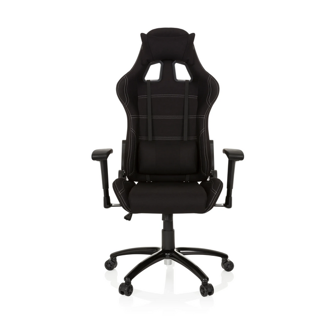 Silla gaming GAME FORCE negra con tapizado de tela, costuras decorativas blancas y reposabrazos de hjh OFFICE