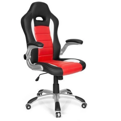 Silla gaming GAME SPORT en negro y rojo con reposabrazos plateados y base con ruedas de hjh OFFICE