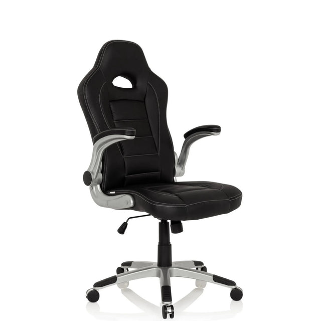Silla gaming GAME SPORT negra con reposabrazos plateados y una base con ruedas de hjh OFFICE