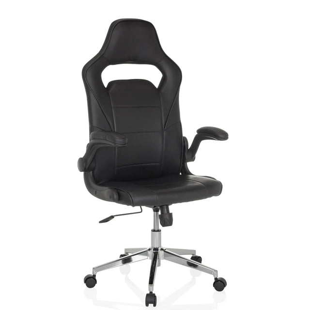 Silla gaming GAME SPORT PRO negra con tapicería de cuero sintético y base cromada de MyBuero