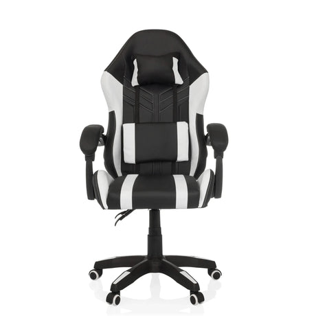 Silla gaming GAMEBREAKER W02 en blanco y negro con cojines cervical y lumbar y ruedas de MyBuero