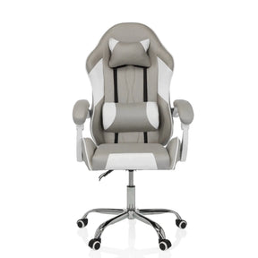 Silla gaming GAMEBREAKER W03 en gris y blanco con cojines cervical y lumbar y base plateada de MyBuero