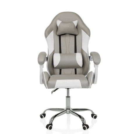 Silla gaming GAMEBREAKER W03 en gris y blanco con cojines cervical y lumbar y base plateada de MyBuero