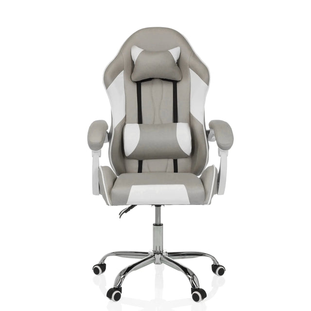 Silla gaming GAMEBREAKER W03 en gris y blanco con cojines cervical y lumbar y base plateada de MyBuero