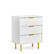 Cómoda blanca Hjelle K con diseño frontal acanalado, tres tiradores dorados y cuatro patas doradas de hjh LIVING