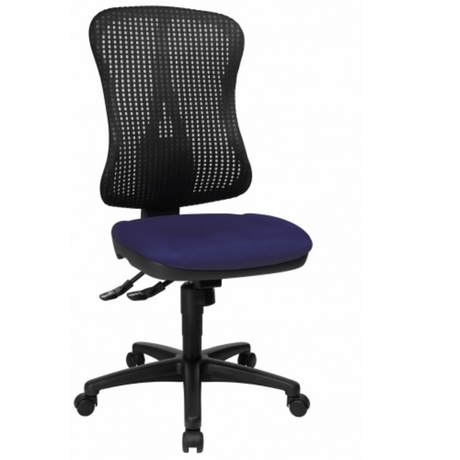 Silla de oficina profesional HJH SOLUTION BASIC con cojín de asiento azul, respaldo de malla negra y base con ruedas de Topstar