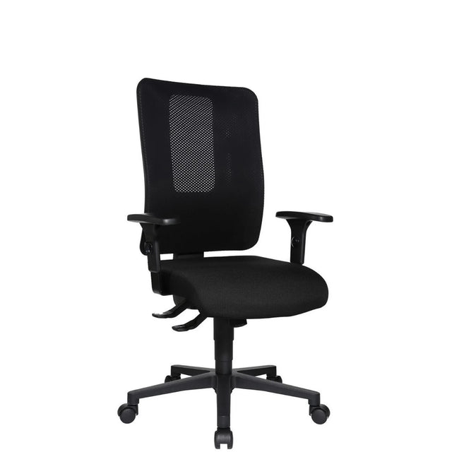 Silla de oficina profesional HJH WORK PRO en negro con respaldo de malla y reposabrazos de Topstar