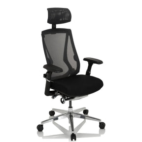 Silla alta gama INSPERO en negro con respaldo de malla, reposacabezas y base de cromo de hjh OFFICE