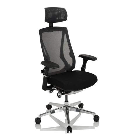 Silla alta gama INSPERO en negro con respaldo de malla, reposacabezas y base de cromo de hjh OFFICE