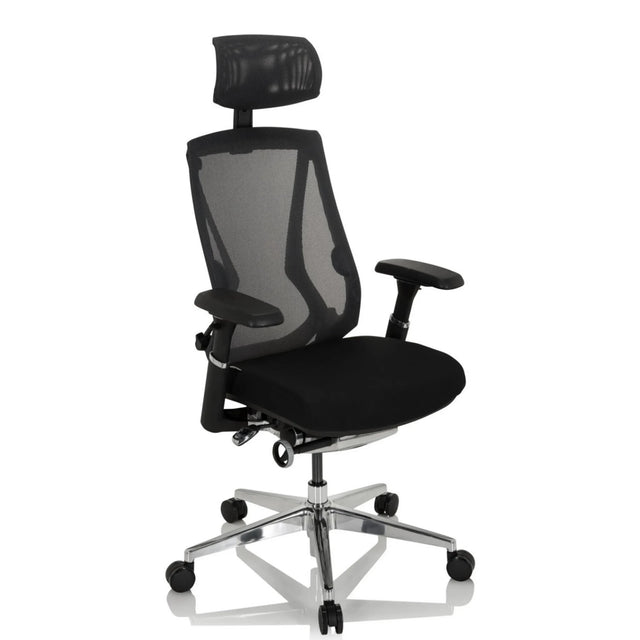 Silla alta gama INSPERO en negro con respaldo de malla, reposacabezas y base de cromo de hjh OFFICE